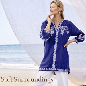 NEW NWT Soft Surroundings Gauze Curoh Tunic Top Blouse Cover Up Blue Sapphire XL